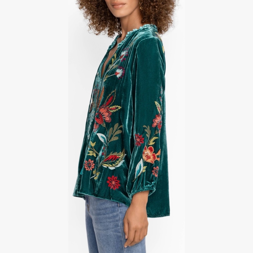 Johnny Was Teal Floral Embroidered Blouse - Picture 3 of 8